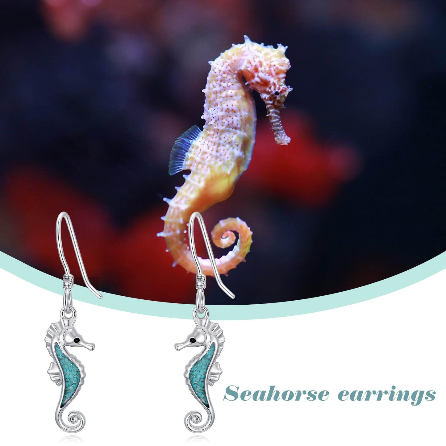 HPQQ Seahorse Earrings 925 Sterling Silver Turquoise Seahorse Dangle Earrings Ocean Beach Themed Jewelry Mother's Day Jewelry Gifts for Women