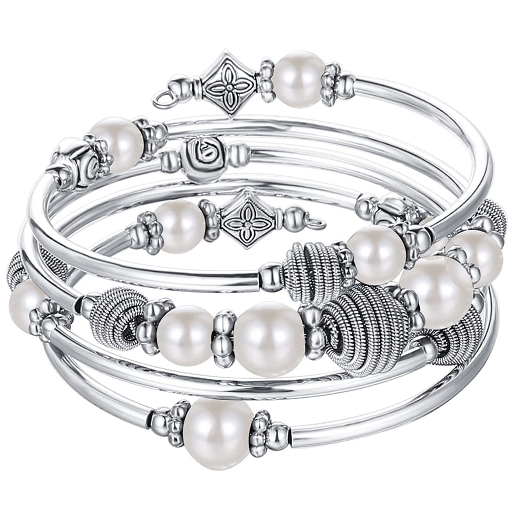 Beaded Chakra Bangle Turquoise Bracelet - Fashion Jewelry Wrap Bracelet with Thick Silver Metal and Mala Beads, Birthday Gifts For Women(White Pearl)