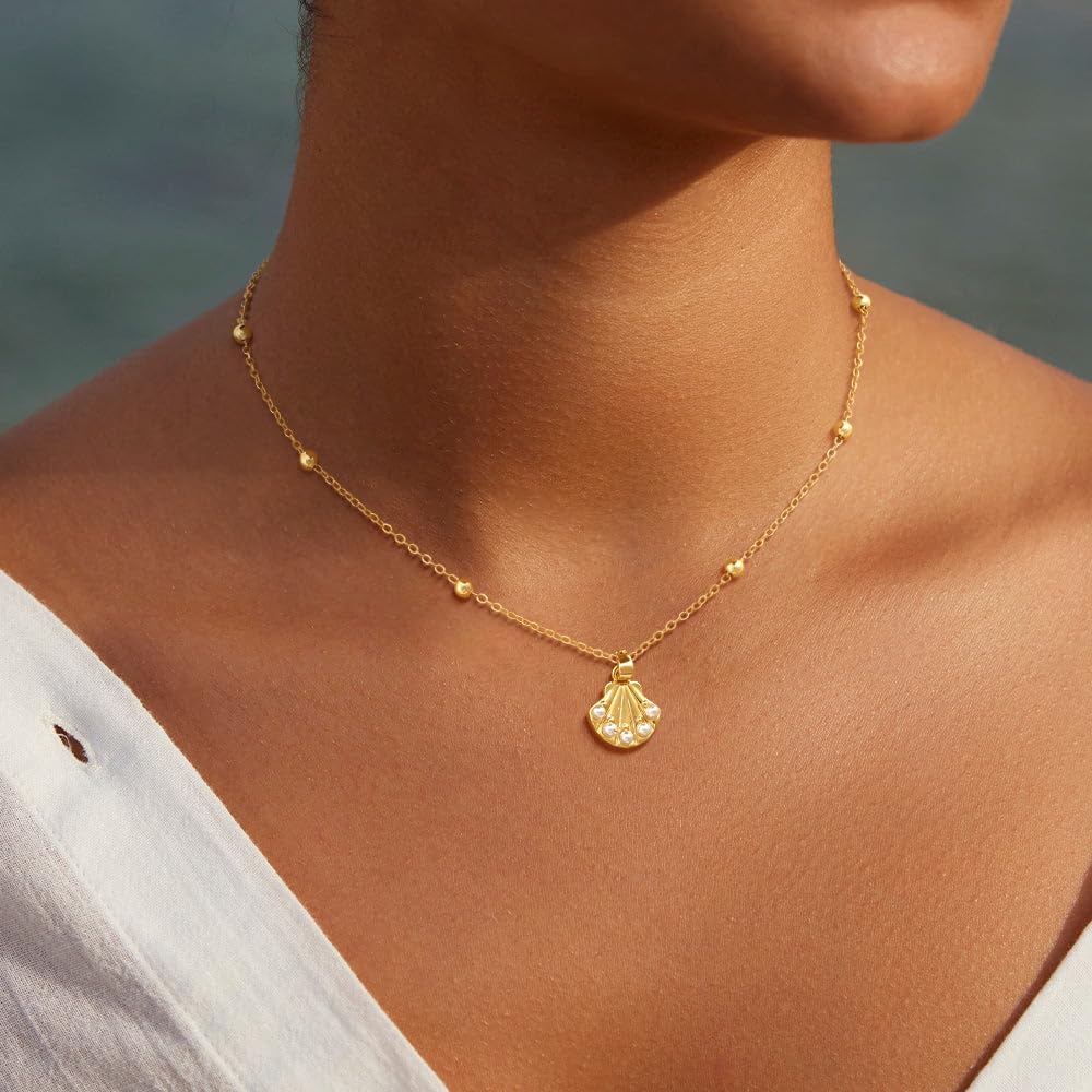 Picuzzy 14K Gold Plated Seashell Pendant Necklace for Women Trendy, Sea Shell Beach Necklace Ocean Coastal Tropical Nautical Vacation Summer Jewelry Pearl Accessories for Women