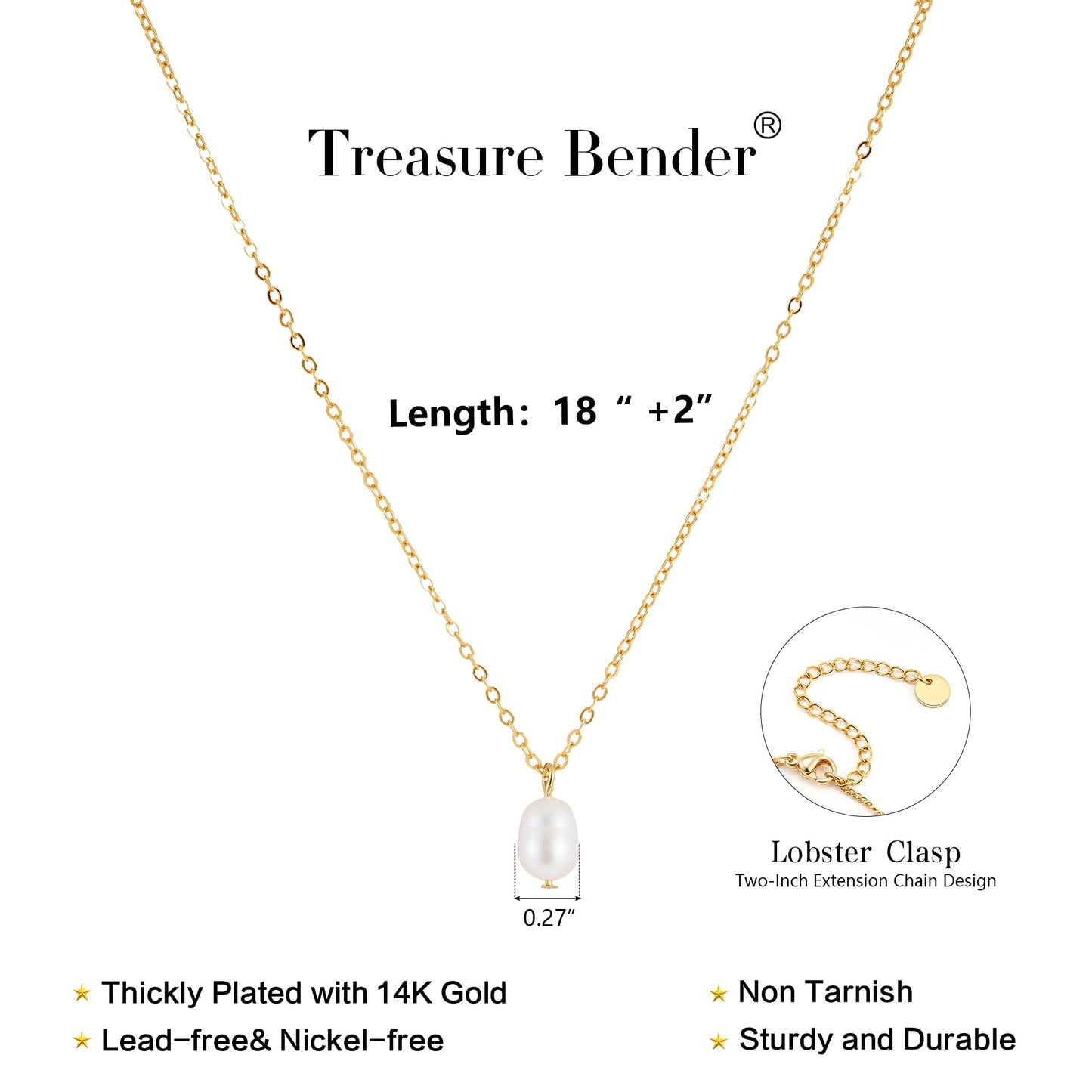 Treasure Bender Pearl Necklaces for Women Trendy, 14k Gold Plated Dainty Necklace Simple Pearl Drop Single Charm Pendant Necklace Birthday Wedding Gifts Gold Jewelry for Women