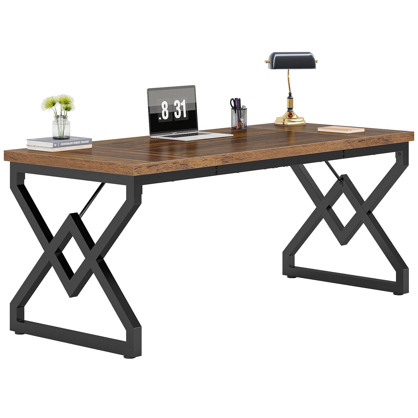 Tribesigns 63-inch Executive Desk, Large Office Computer Desk with Extra Thick Wooden Tabletop and Metal Frame, Modern Simple Workstation Writing Table Study Desk for Home Office, Vintage Brown