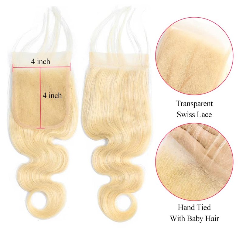 613 Blonde Lace Closure Body Wave 4x4 Invisible Transparent HD Lace Closure Only 12A Virgin Remy Human Hair Closure 100% Russian Blonde Human Hair Extensions Pre Plucked with Baby Hair 16 Inch