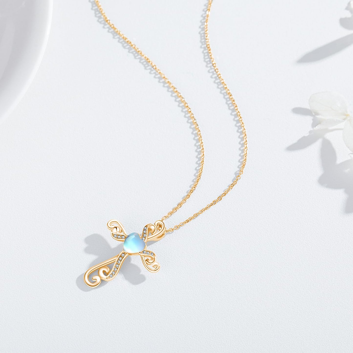 Twoowl 14K Gold Plated Cross Necklace 925 Sterling Silver Moonstone Christian Pendant Religious Cross Jewelry Gifts for Mom Women