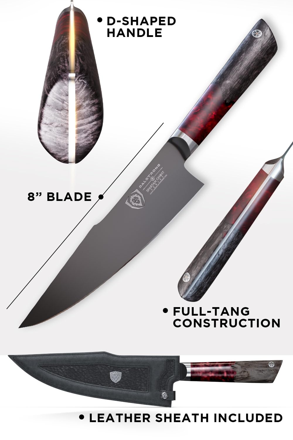 Dalstrong Chef Knife - 8 inch - Spartan Ghost Series - American Forged S35VN Powdered Steel Kitchen Knife - Maple & Red Resin Handle - Razor Sharp Cooking Knife -Sheath Included