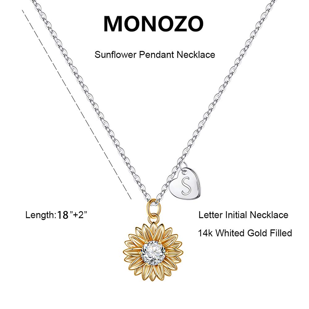 MONOZO Initial Sunflower Necklace for Women Trendy, 14k Gold Plated Sunflower Necklace Pendant CZ Heart Letter Initial Necklace You Are My Sunshine Gifts Sunflower Jewelry S