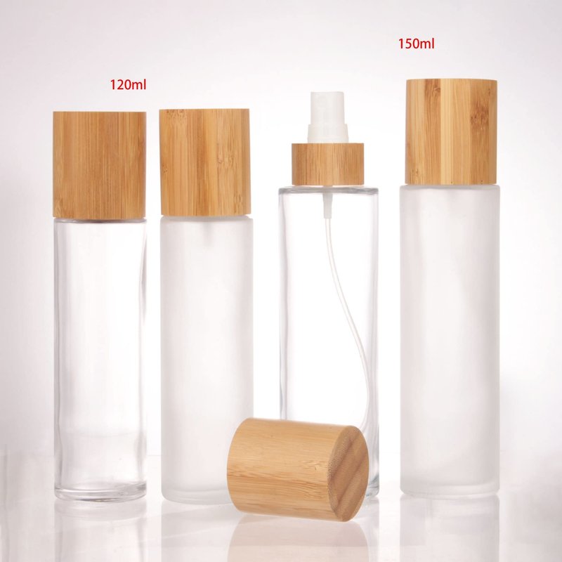 COSIDEA 4 pcs Empty5oz /150ml bamboo lid Frosted glass spray bottle with fine mist despenser head for liquid perfume toiletries containers, toner bottles