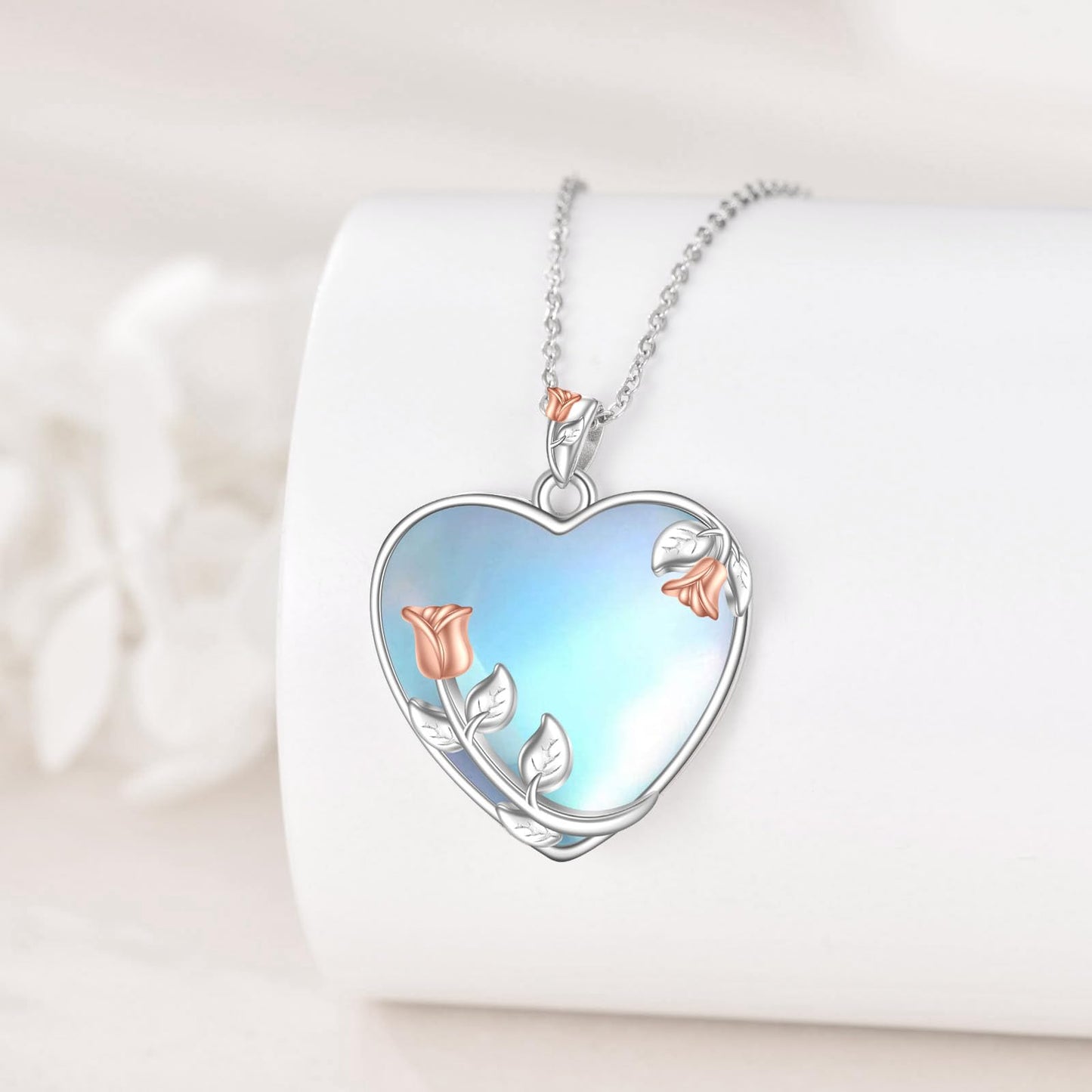 YAFEINI 925 Sterling Silver Heart Moonstone Necklace Rose Flower Filigree Pendant Necklace Jewelry Gift for Women (UU-Rose Flower Moonstone)