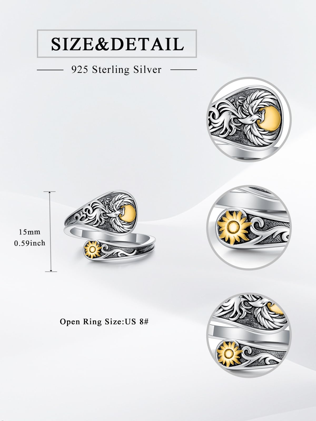 Midari Phoenix Rings 925 Sterling SilverAdjustable Phoenix and Sun Spoon Rings Vintage Finger Open Thumb Rings Jewelry Gifts For Women Christmas Birthday Gifts
