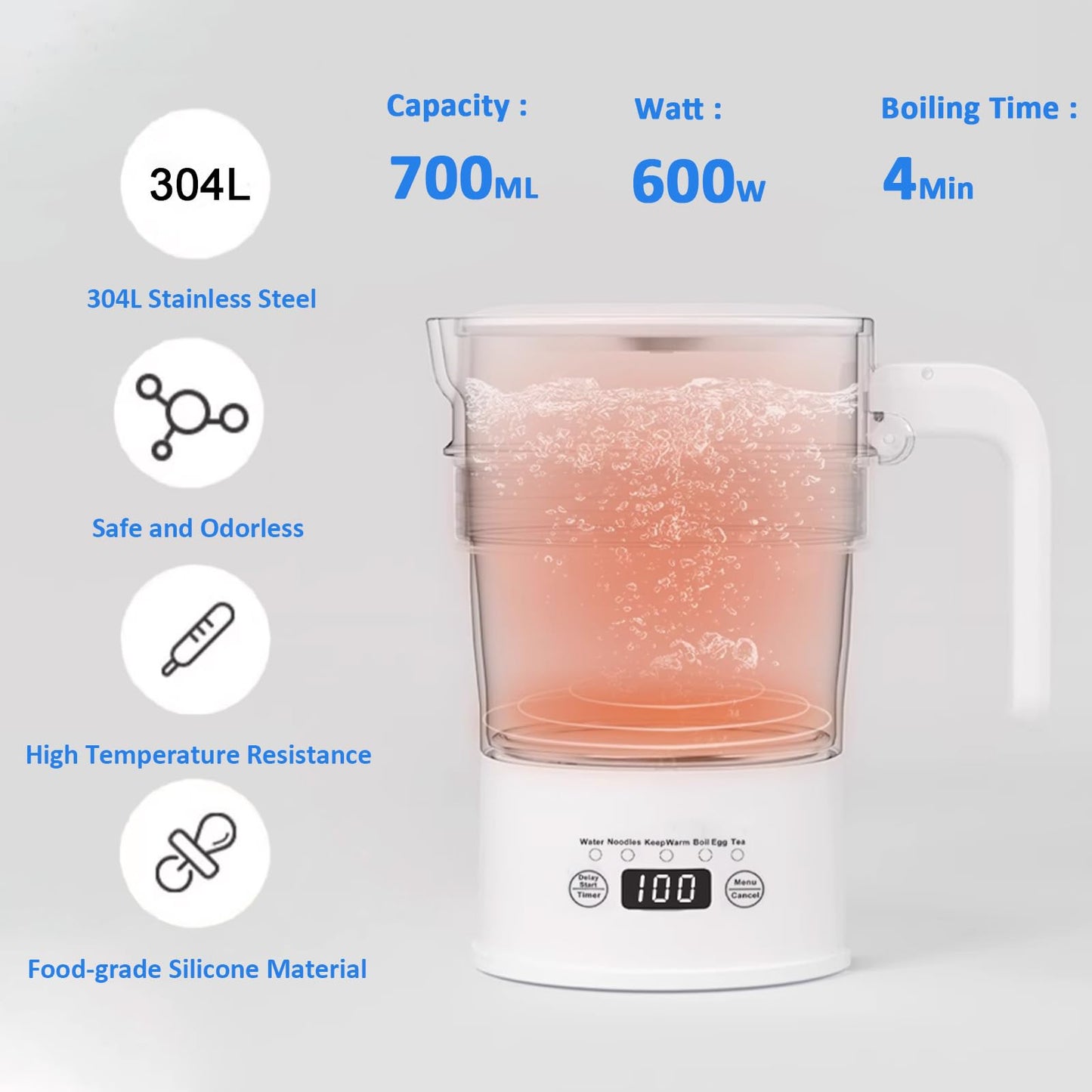 Travel Foldable Electric Kettle, 700ML Hot Water Kettle with Multifunctional Panel, Collapsible Small Boiling Water Kettle with Keep Warm & Delay Start, BPA-Free, 600W, 304 Stainless Steel, White