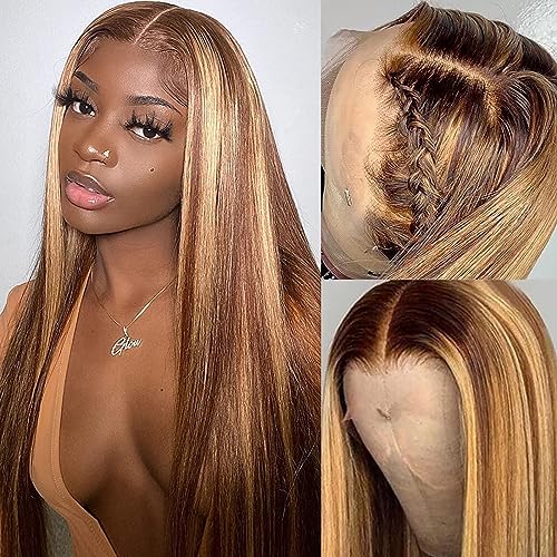 Ombre Lace Front Wigs Human Hair 13x4 HD Straight Lace Front Wigs 4/27 Honey Blonde Lace Front Wig Human Hair 180% Density Glueless Wigs Human Hair Pre Plucked (24 Inch)