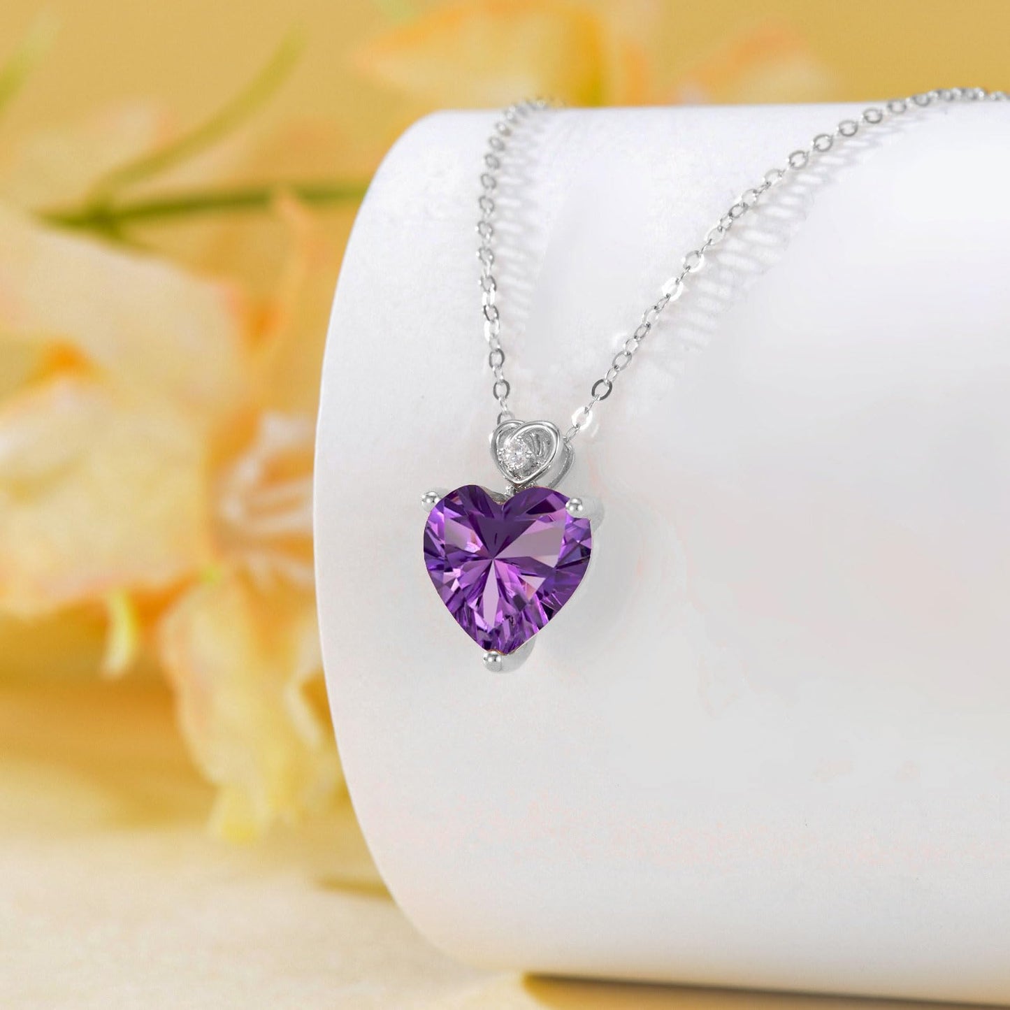NFYBD 14k White Gold Love Heart Amethyst Birthstone Pendant Necklace for Women 3 Carat Heart-cut Created Gemstone Anniversary Birthday Mother's Day Necklaces for Her-feb