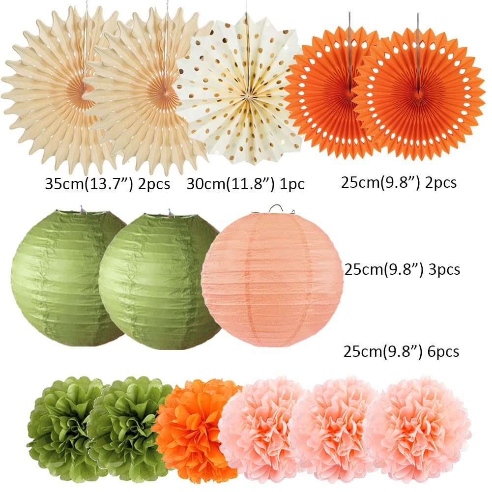 Olive Green and Orange Party Decorations Olive Birthday Party Decorations Peach and Orange Poms Lanterns Beige Fans Decor for Green and Peach Baby Shower Bridal Shower Rustic Wedding Party