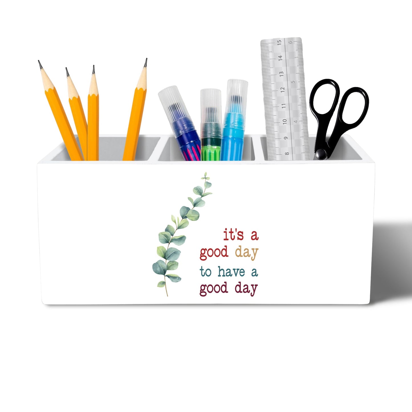 YQDEJ Motivational Eucalyptus Leaves Pen Holder for Desk Accessories, It's a Good Day to Have a Good Day Inspirational Wooden Box Sign Desk Pencil Holder Organizer for Home Office Decoration