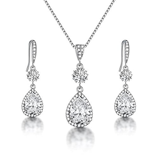 AMYJANE Bridal Jewelry Set for Wedding - Teardrop Silver Cubic Zirconia Crystal Drop Earrings and Necklace Set for Bride Bridesmaids Mother of Bride Prom Party
