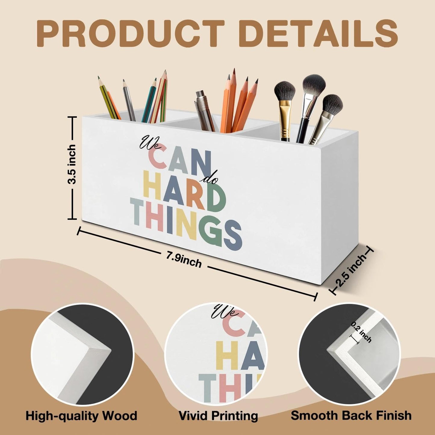 LIANGEAGOM Boho Inspirational Pen Pencil Holder Organizer for Desk Accessories, Mental Health We Can Do Hard Things Motivational Wooden Box Signs Decorations for Therapy Counselor Office Desk Tabletop
