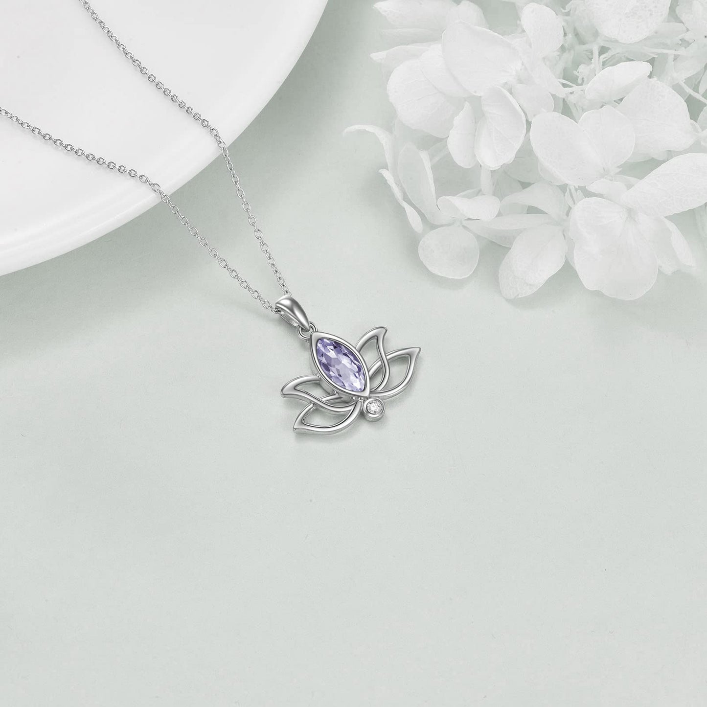 YFN Lotus Necklace Sterling Silver June Birthstone Pendant Light Purple Alexandrite Jewelry Gifts for Women (Jun)