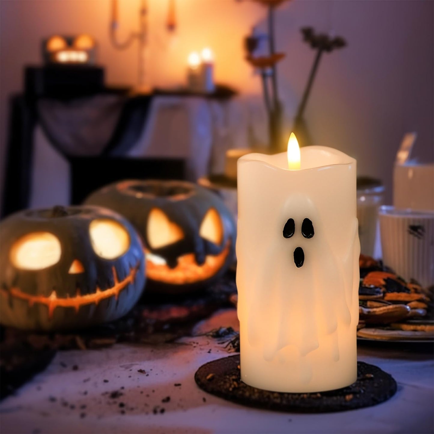 Eldnacele Spooky Ghost Halloween Flameless Candles Battery Operated with Remote & Timer Set of 2 LED Flickering Pillar Candles White Real Wax 3D Wick Long Lasting Home Indoor Decor (3" D x 6.5"" H)"