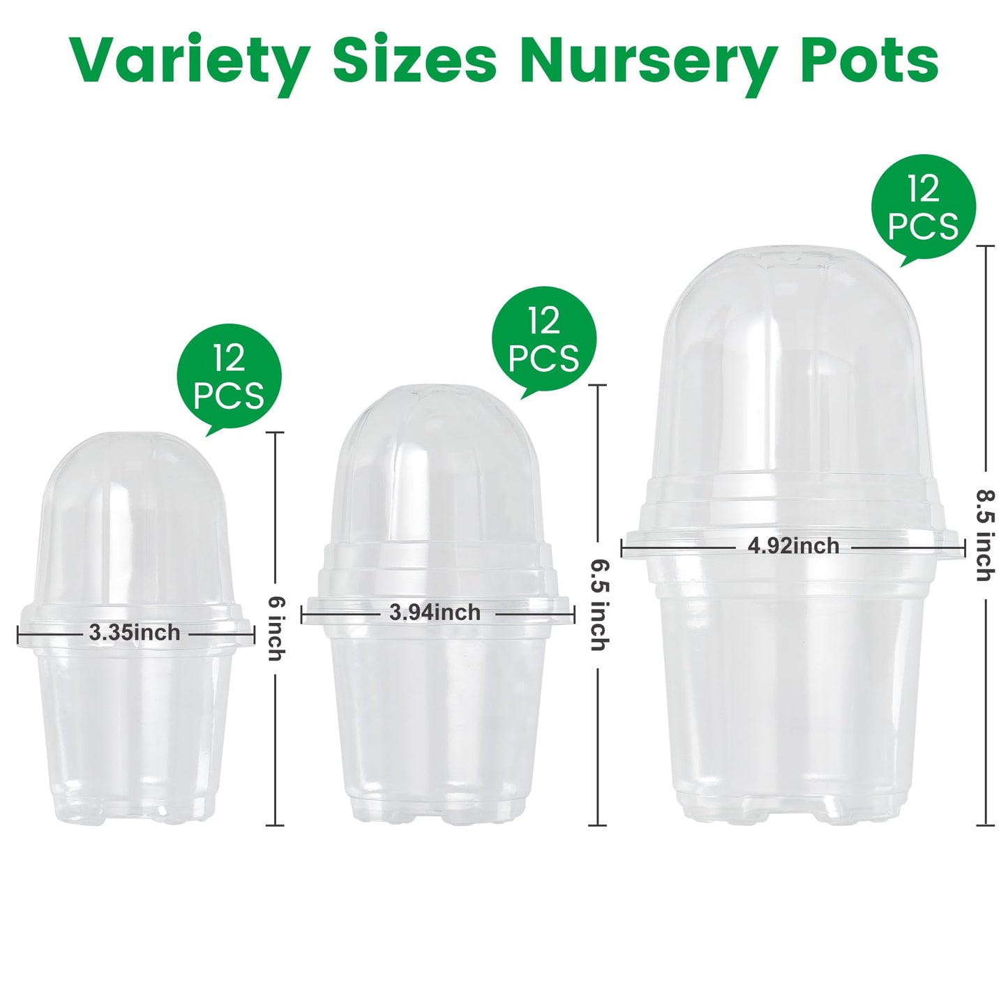Bluepro 36 Packs 5/4/3.5 Inch Clear Nursery Pots with Humidity Domes, Transparent Plant Pots with Drainage Holes, Variety Pack Seedling Pots for Vegetable Propagation, Root Cutting, Seed Starting