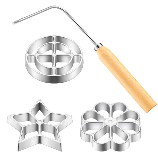 Achappam Mold Bunuelos Mold with Handle Rosette Maker Rosette Cookie Bunuelos Tool Aluminium Cast Waffle Molds Set with 3 Interchangeable Heads Star Flower Circle for Kitchen Baking Cooking Housewares