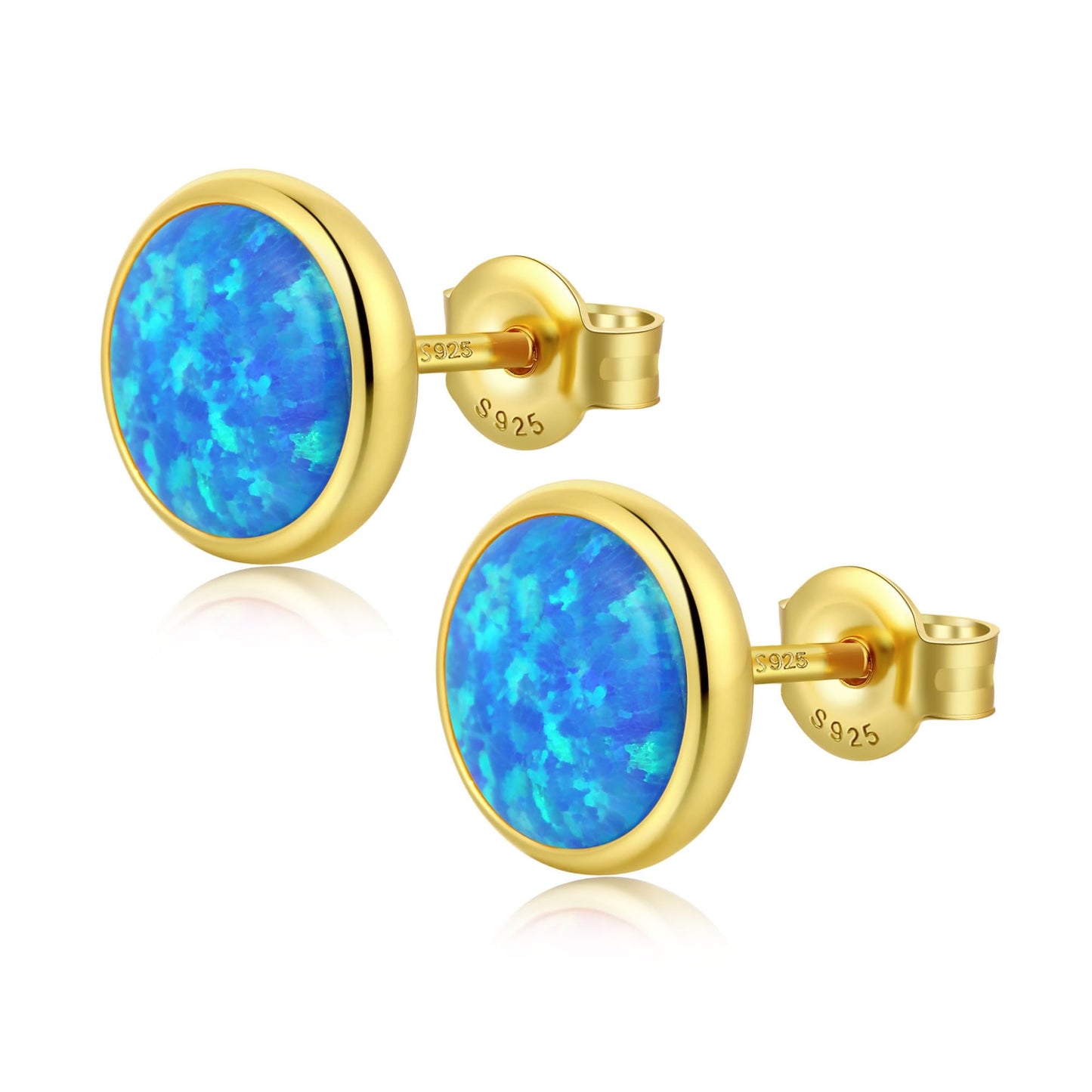 JiayangJY Silver Blue Fire Opal Stud Earrings for Women 18K Yellow Gold Plated Sterling Silver Round Shape 6mm Opal Earrings with Push Back