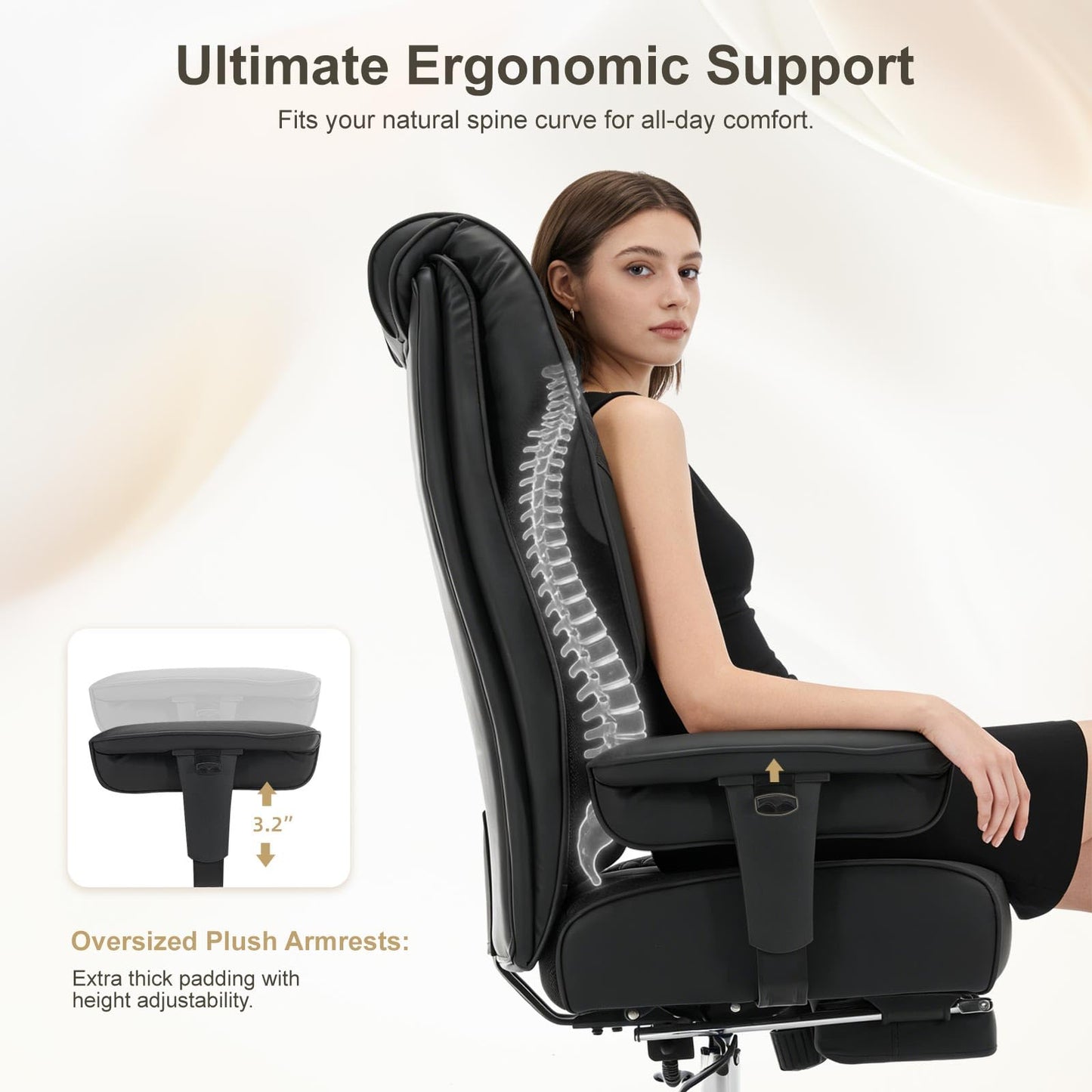 EXCEBET Big and Tall Office Chair 400lbs Wide Seat, Leather High Back Executive Office Chair with Foot Rest, Ergonomic Chairs Lumbar Support for Lower Back Pain Relief (Black)