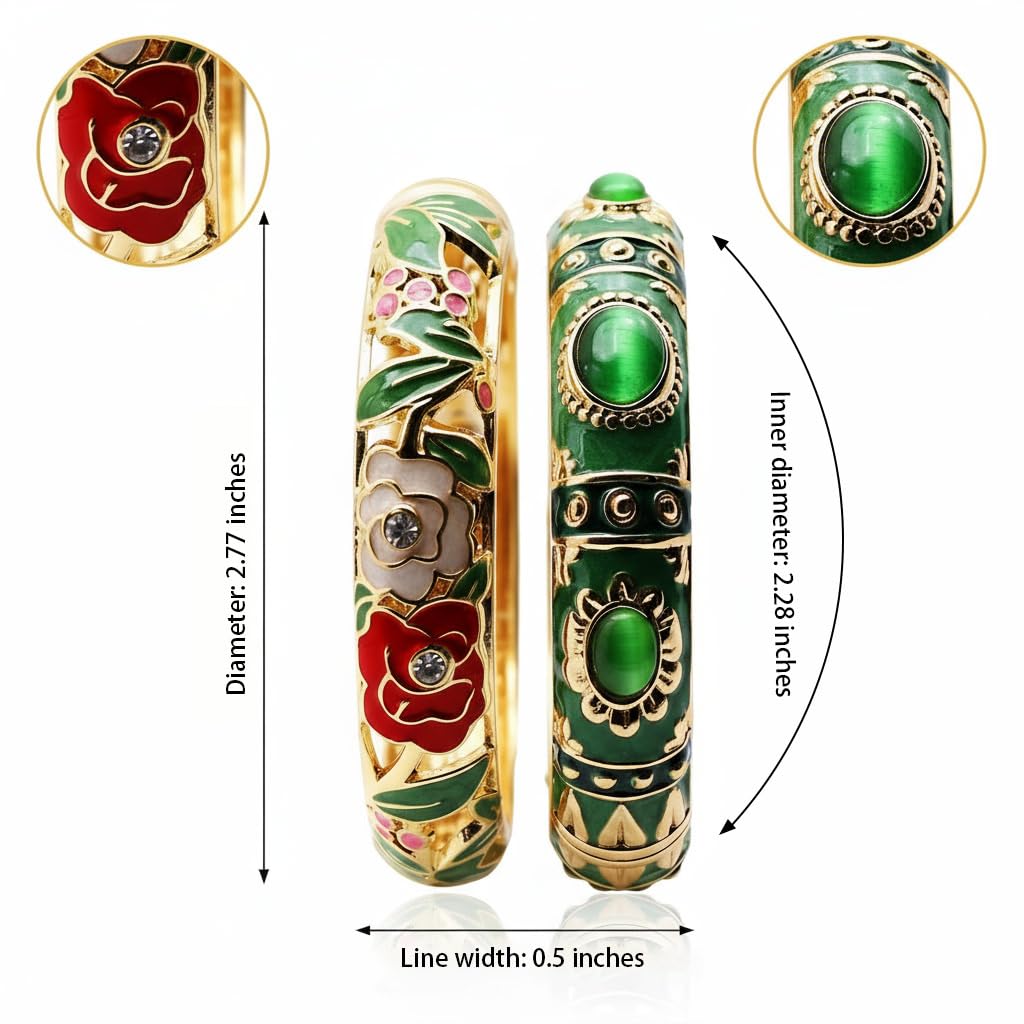 apenll Vintage jewelry bangle Green Enameled Bracelet with Gemstone Floral Gold Plated Bangle Jewelry Gifts for Mom BFF Daughter