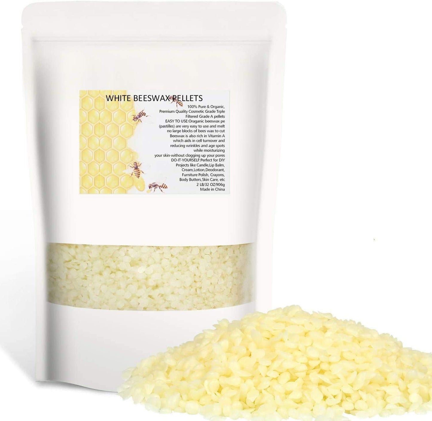 Howemon White Beeswax Pellets 2LB 100% Pure and Natural Triple Filtered for Skin, Face, Body and Hair Care DIY Creams, Lotions, Lip Balm and Soap Making Supplies