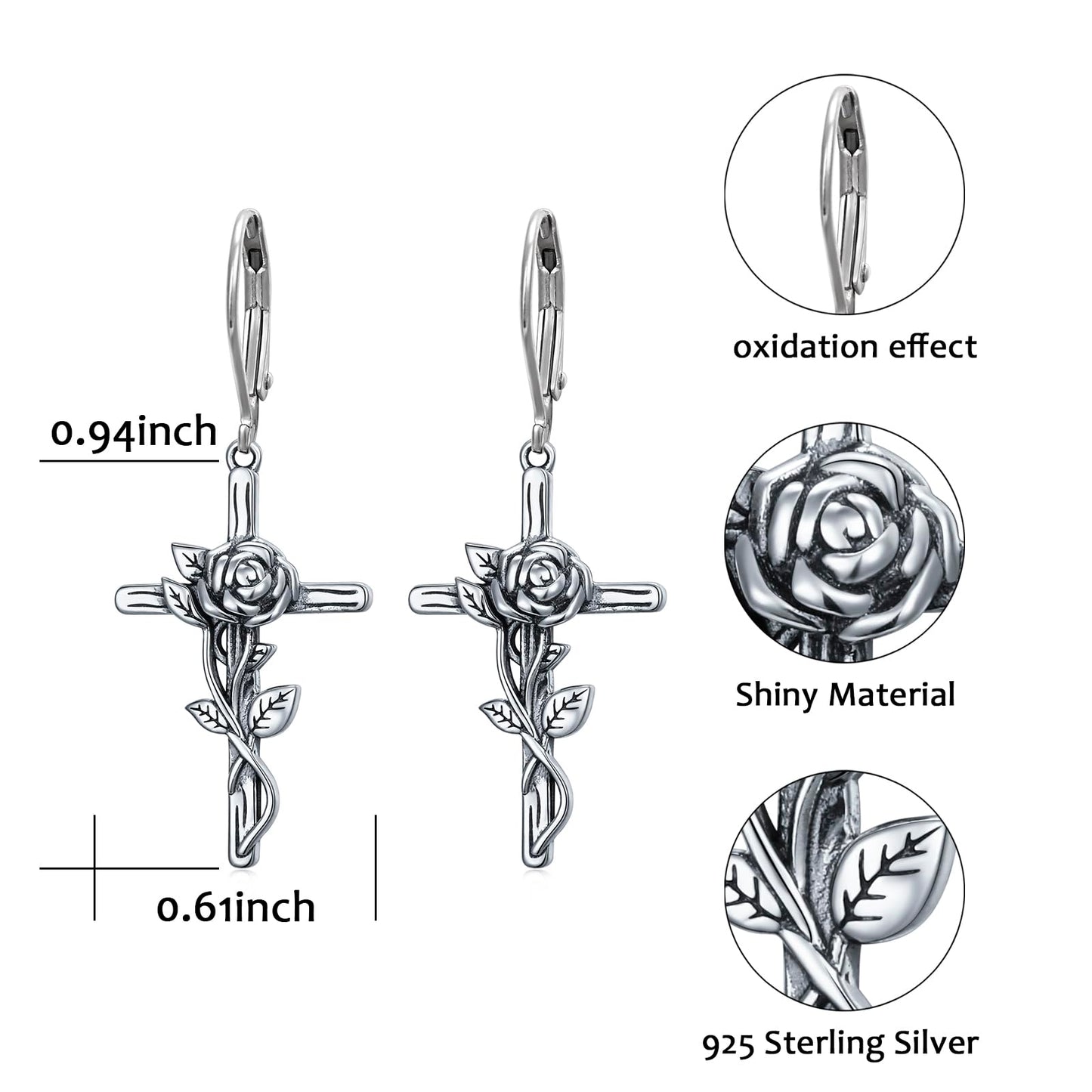 SHAOAN Rose Flower Cross Dangle Earrings for Women 925 Sterling Silver Earring Jewelry Gifts for Christmas Valentine's Day Birthday