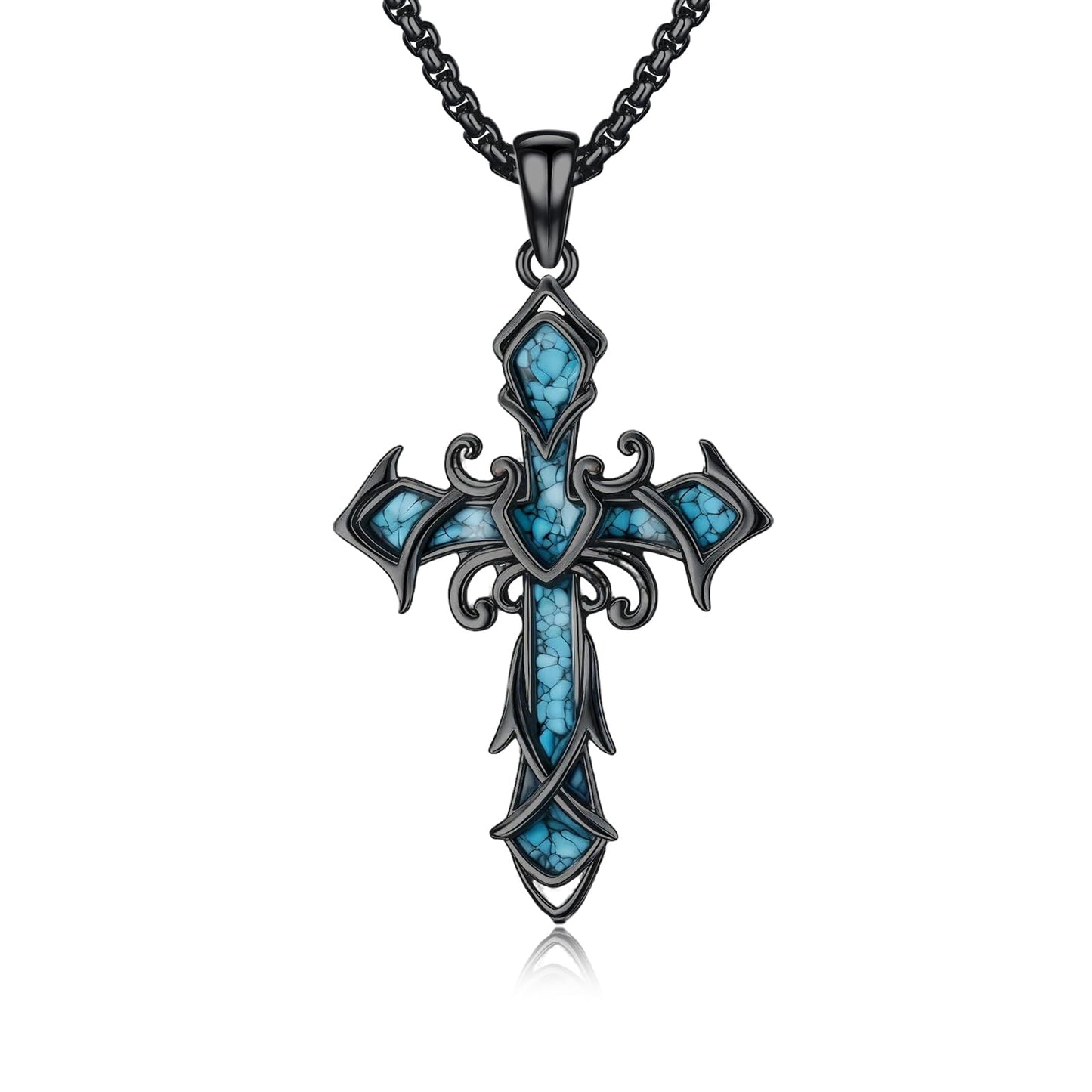 YEESIA Cross Necklace for Men Women, 925 Sterling Silver, Black Cross Pendant Necklace with Turquoise, Christian Jewelry, Gift for Men Women