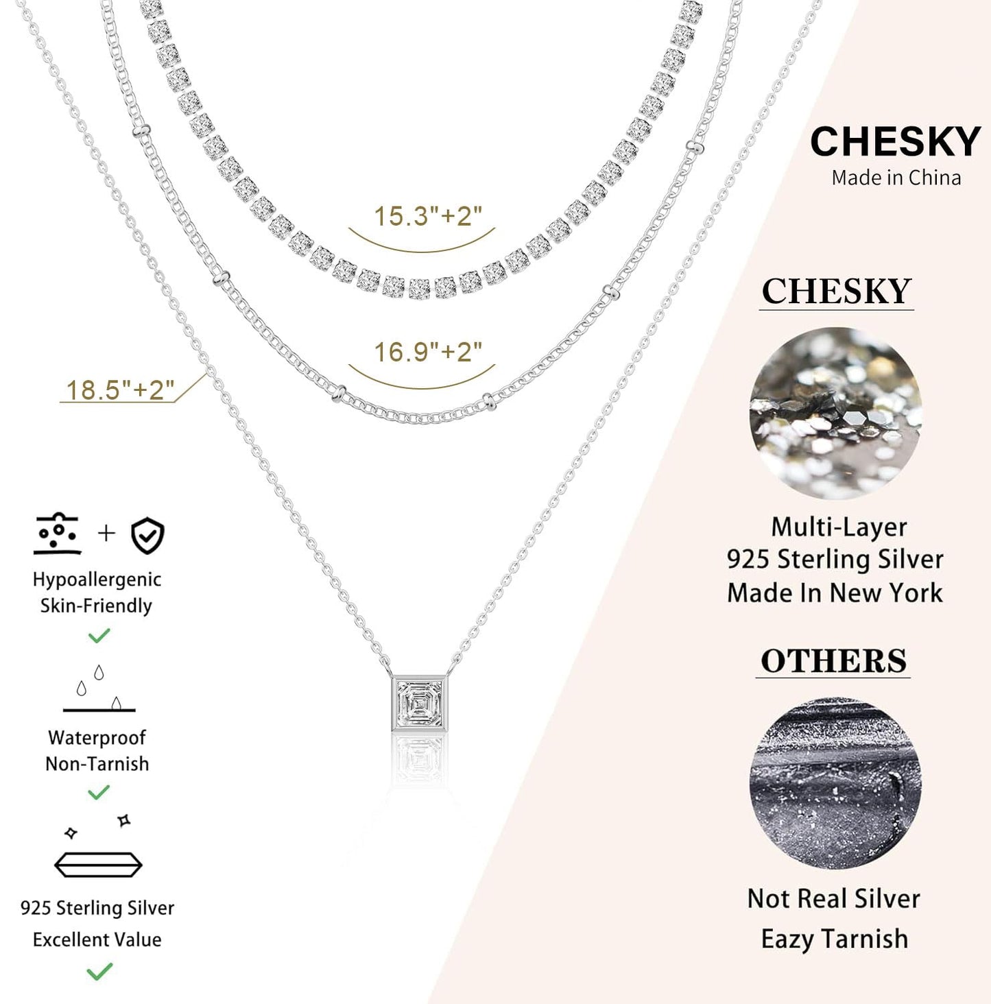 CHESKY Layered Silver Necklaces for Women Trendy, Silver Plated Dainty Stackable Charm Necklaces for Womens Layering Beads Tennis Chain Diamond Pendant Necklaces Jewelry Set for Women Gifts