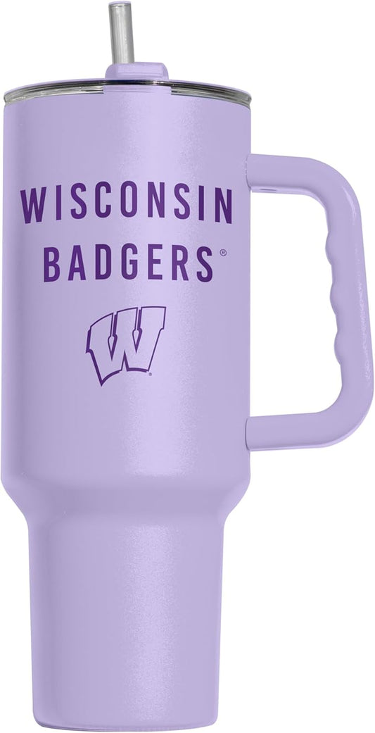 Logo Brands NCAA Wisconsin Badgers Lavender 40 oz Tumbler with Handle - Stylish Everyday Use Powder Coated-Stainless Steel with Straw- Keeps Cold For Hours