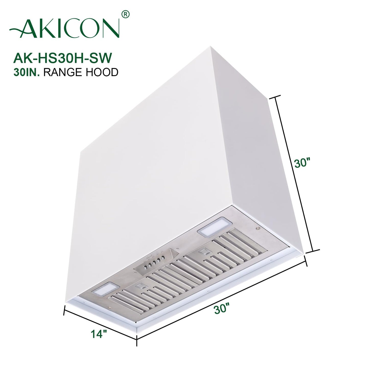 Akicon Stainless Steel Range Hood, Modern Box Kitchen Hood with Powerful Vent Motor, Wall Mount, 30”W*30”H*14D, Signal White (AK-HS30H-SW)