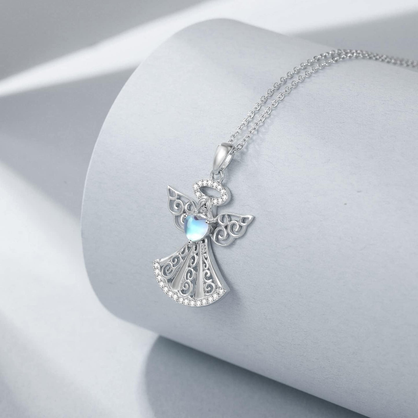 YAFEINI Guardian Angel Necklace 925 Sterling Silver Moonstone Angel Pendant Mother's Day Jewelry for Women Mom