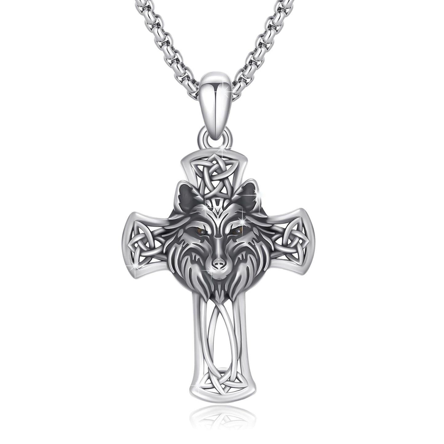 YEESIA Cross Necklace for Men 925 Sterling Silver Wolf Necklace Pendant Christian Protect Jewelry Wolf Gifts for Men Husband