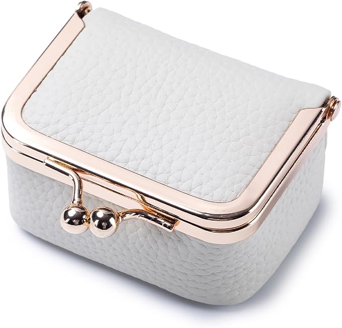 Genuine Leather Mini Jewelry Box - Vintage-Inspired Travel Jewelry Organizer with Kiss Lock, Compact Ring Box for Women, Perfect for Earrings, Rings, Necklaces, Bracelets (B White)