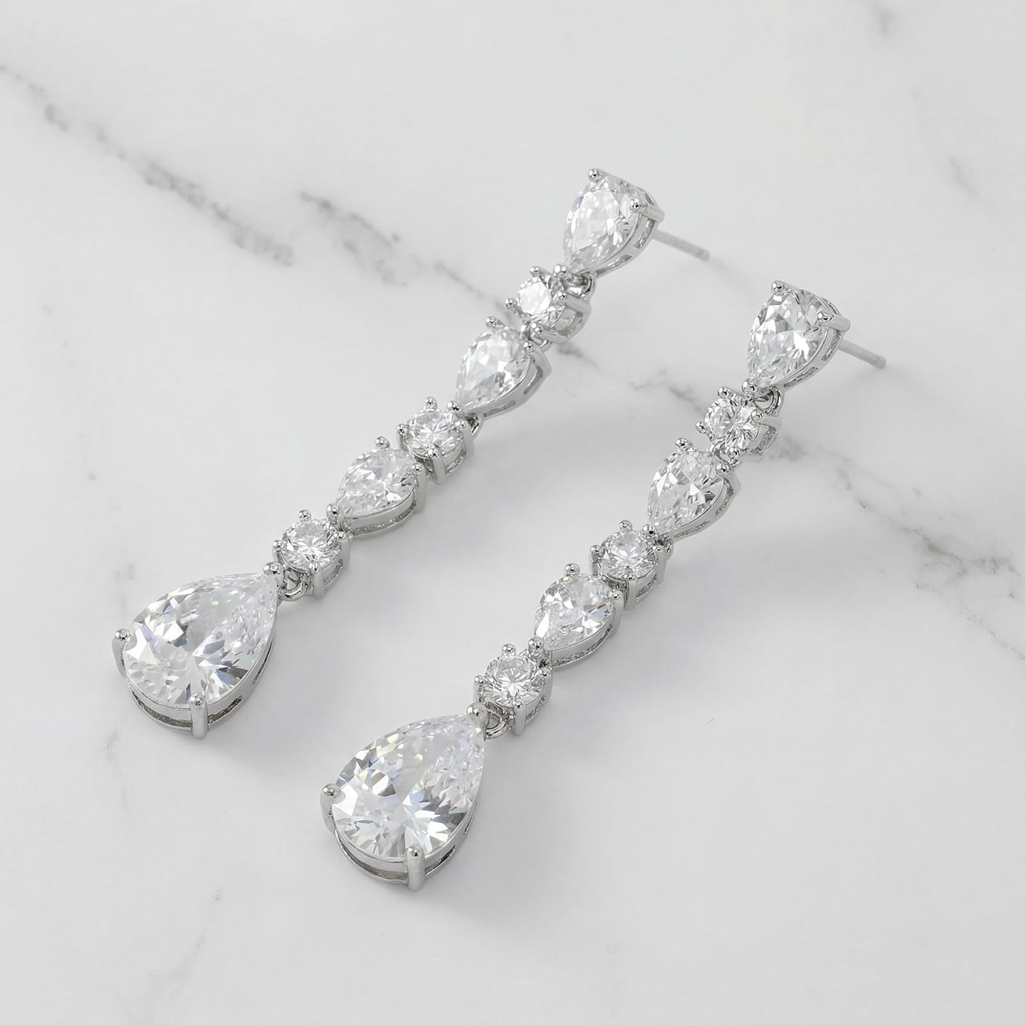 SWEETV Cubic Zirconia Dangle Earrings for Women, Teardrop Bridal Earrings for Wedding, Brides, Bridesmaids, Pear Shaped Drop Earrings for Women Prom Formal Party, Silver-Style1