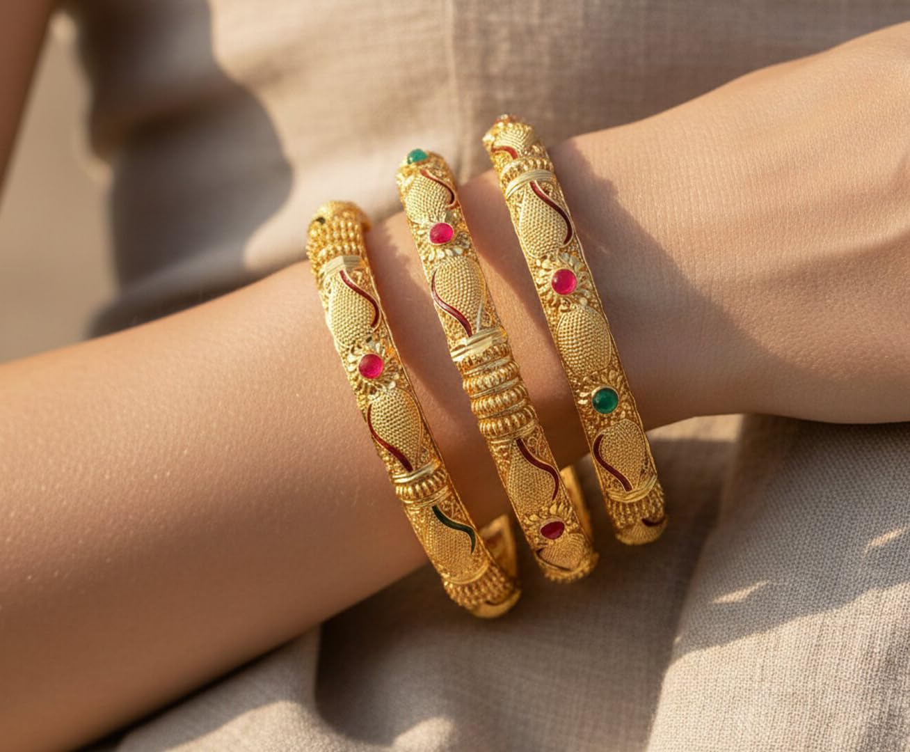 Touchstone "Golden Bangle Collection Indian Bollywood Desire Beautifully Carved Conch Shell Inspired Faux Ruby Emerald Thick Designer Jewelry Bangle Bracelets. Set of 4. In Gold Tone For Women