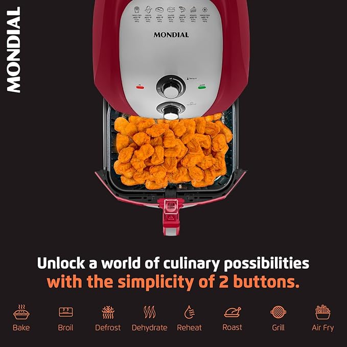MONDIAL Air Fryer - 8.6 Quart Extra-Large Air Fryer, 2 Simple Dial Controls, 1800 Watts - Quick Heat Circulation Technology, Low Fat Cooking Less Calories - Removable Squared Basket - Red