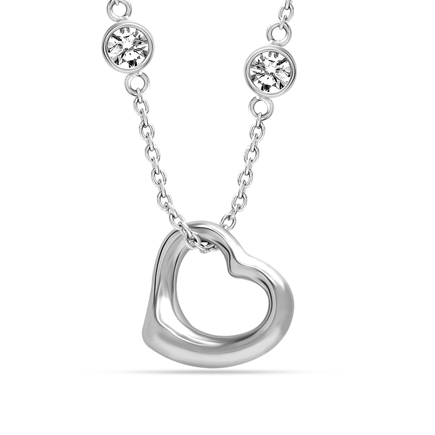 LeCalla 925 Sterling Silver 14K Rhodium Plated Open Heart Pendant Zirconia Station Chain Necklace Mothers Day Gifts for Women - 20 Inches