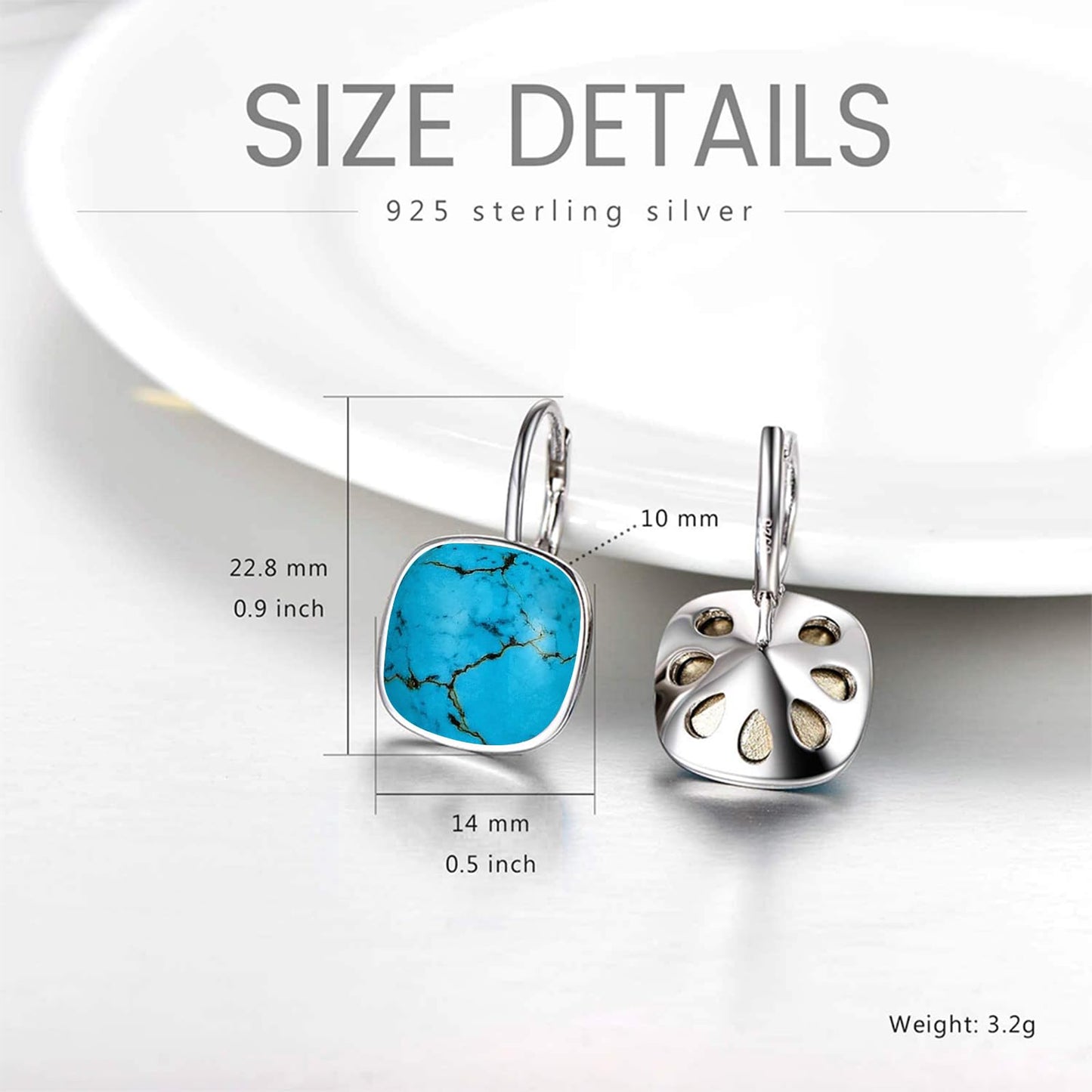 AOBOCO Sterling Silver Leverback Earrings Embellished with Crystals from Austria, Hypoallergenic Cushion Cut Square Crystal Earrings, Fine Anniversary Birthday Jewelry Gifts for Women (Blue turquoise)
