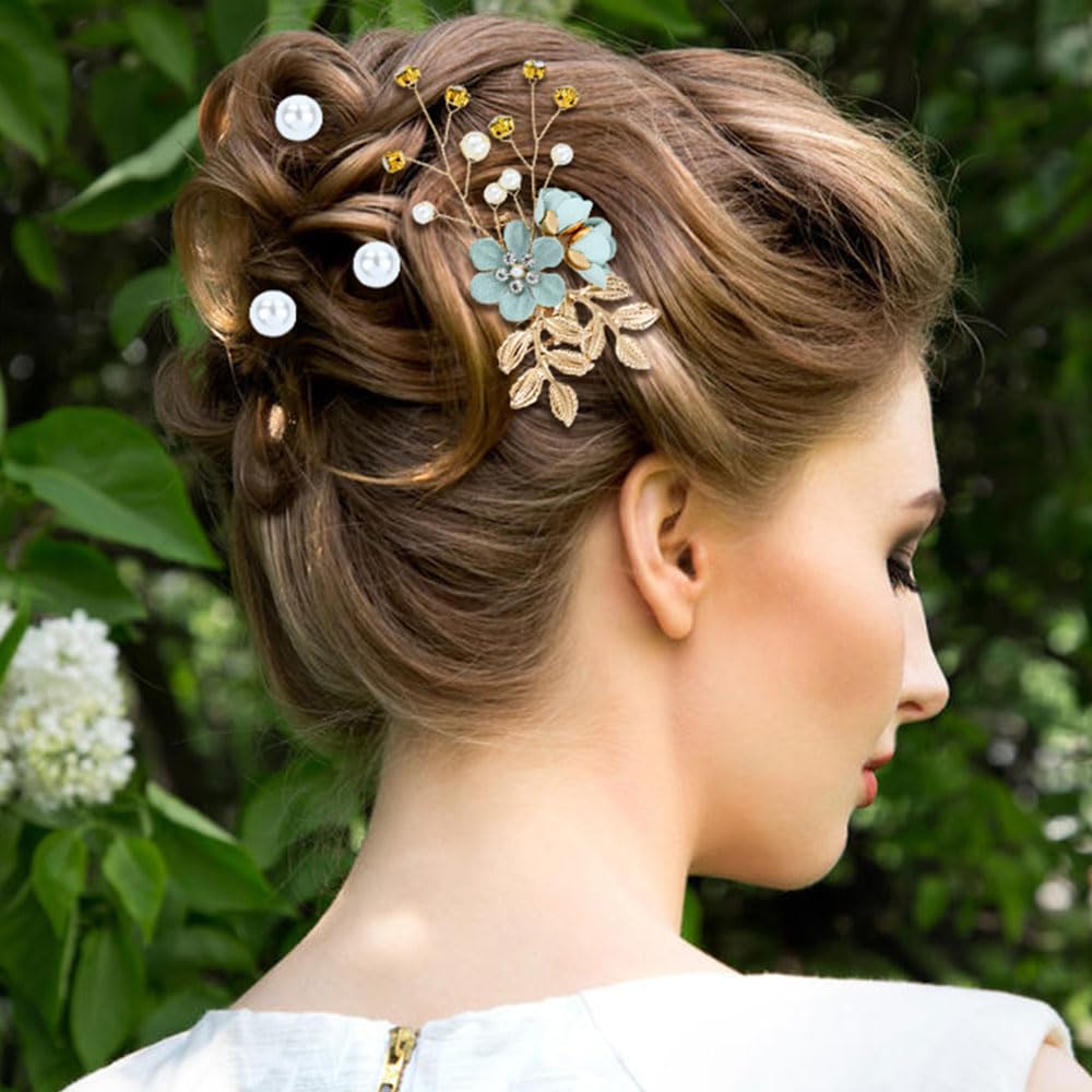 inSowni 20 Pieces Rhinestone Pearl Bridal Wedding Party Prom Light Green Flower Hair Side Combs Slides +U-shaped Floral Hair Pins+Twist Spiral Pearl Hairpins for Brides Bridesmaids Girls Women