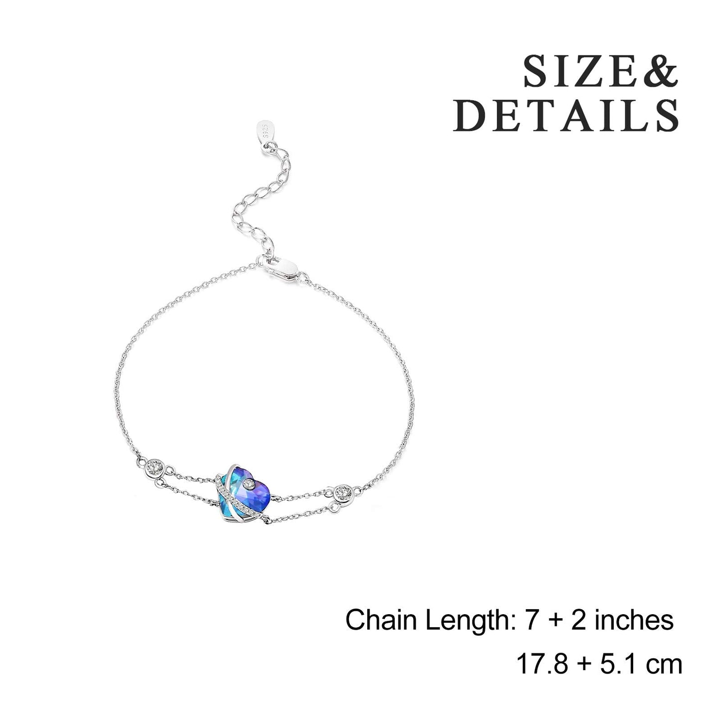 AOBOCO I Love You Jewelry - Sterling Silver Blue Purple Love Heart Bangle Bracelet Embellished with Crystals from Austria, Fine Anniversary Birthday Jewelry Gifts for Women (03 Blue Purple Bracelet)