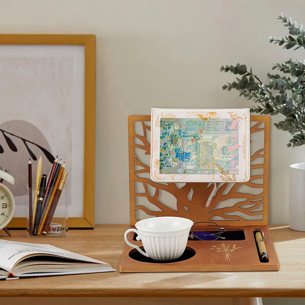 BENECREAT Wood Book Holder Stand, Multifunctional Book Nook Organizer with Cup, Glasses, Pen & Phone Holder for Nightstand Desktop Christmas Birthday Gifts