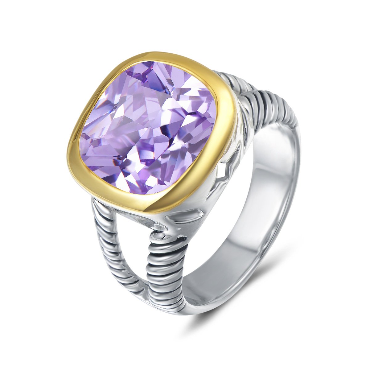 UNY JEWEL Twisted Cable Wire Two Tone Cusion Cut CZ Statement Ring Designer Inspired Fashion Love Antique Women Jewelry Gift (Purple, 7)