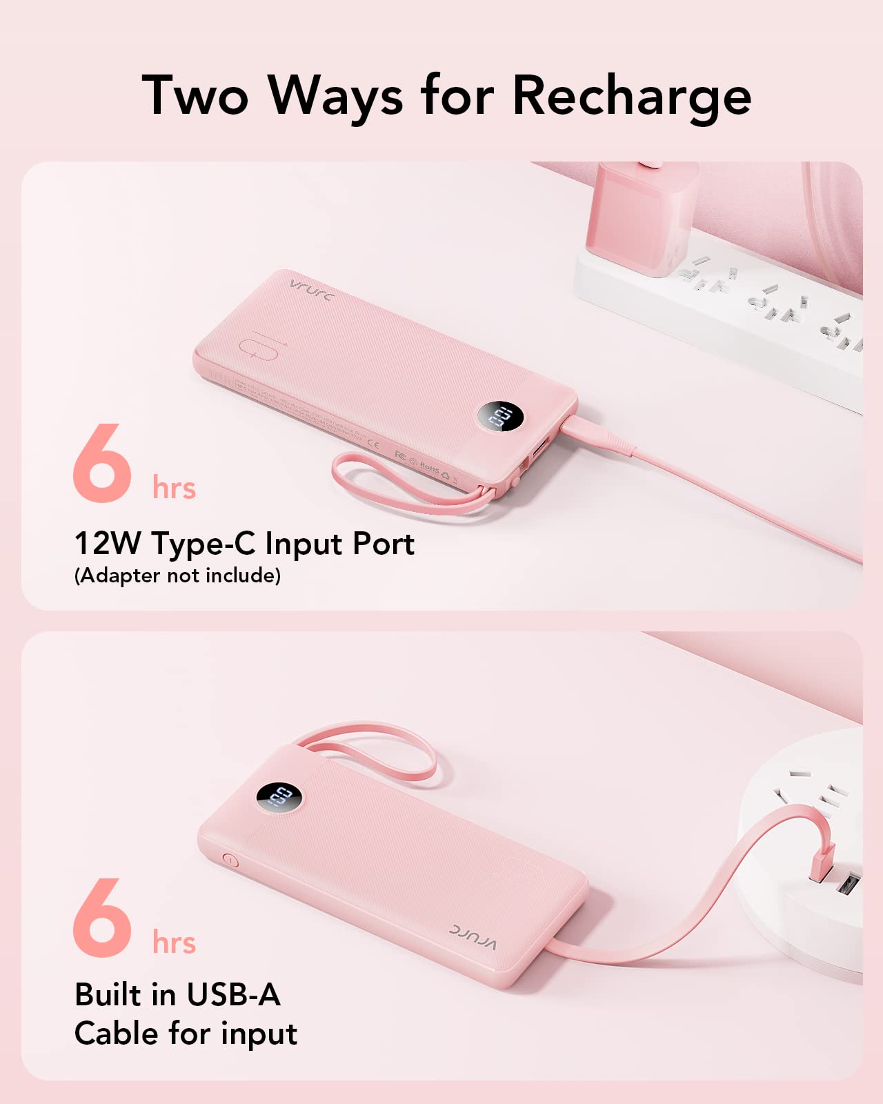 VRURC Portable Charger Power Bank, 10000mAh Travel Essentials Battery Pack, Compact USB C Charging Bank Built-in Cables Cords Compatible with iPhone 17 Pro 17 16 15 14 13,Samsung-Pink(1 Pack)