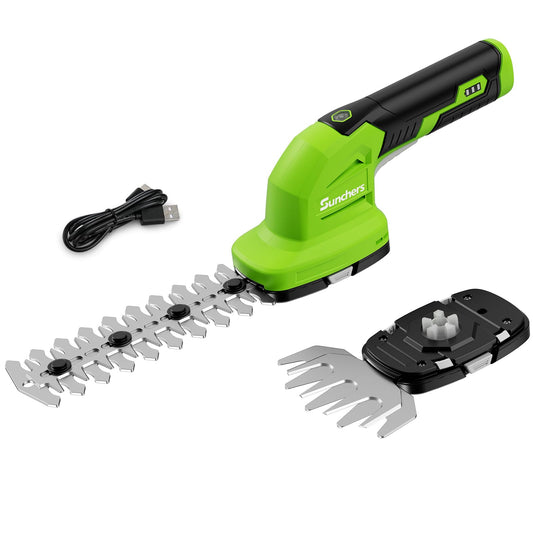 2 in 1 Hedge Trimmer Cordless, 7.2V Electric Grass Cutter and Hedge Shears, Handheld Shrub Bush Trimmer, Lightweight Grass Shears with 2 Blades, Rechargeable Garden Tool with Battery and Type-C Cable