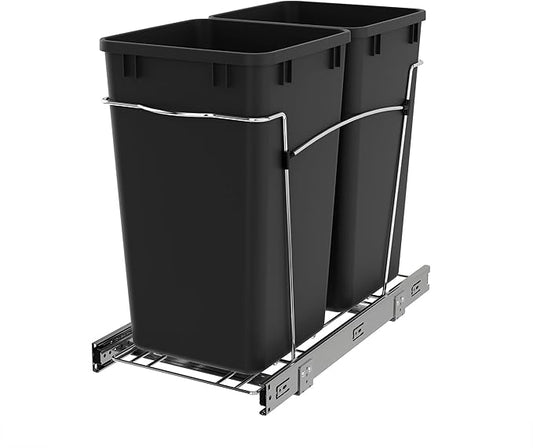 Rev-A-Shelf Pullout Trash Cans for Kitchen Cabinets 27 Qt Garbage Waste Recycling Bin with Full Extension Slides, Black, RV-15KD-18C S
