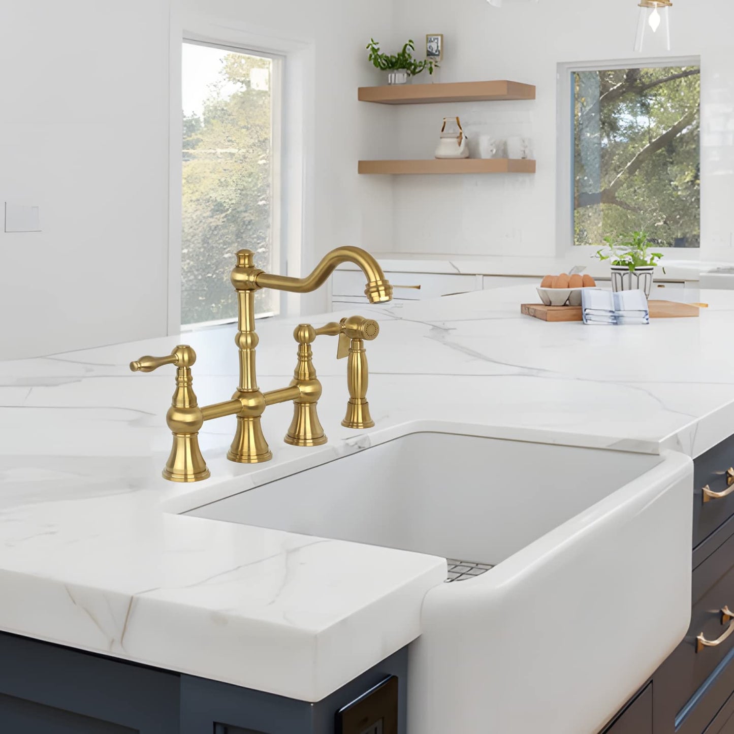 Akicon Two-Handles Bridge Kitchen Faucet with Side Sprayer (Brushed Gold)
