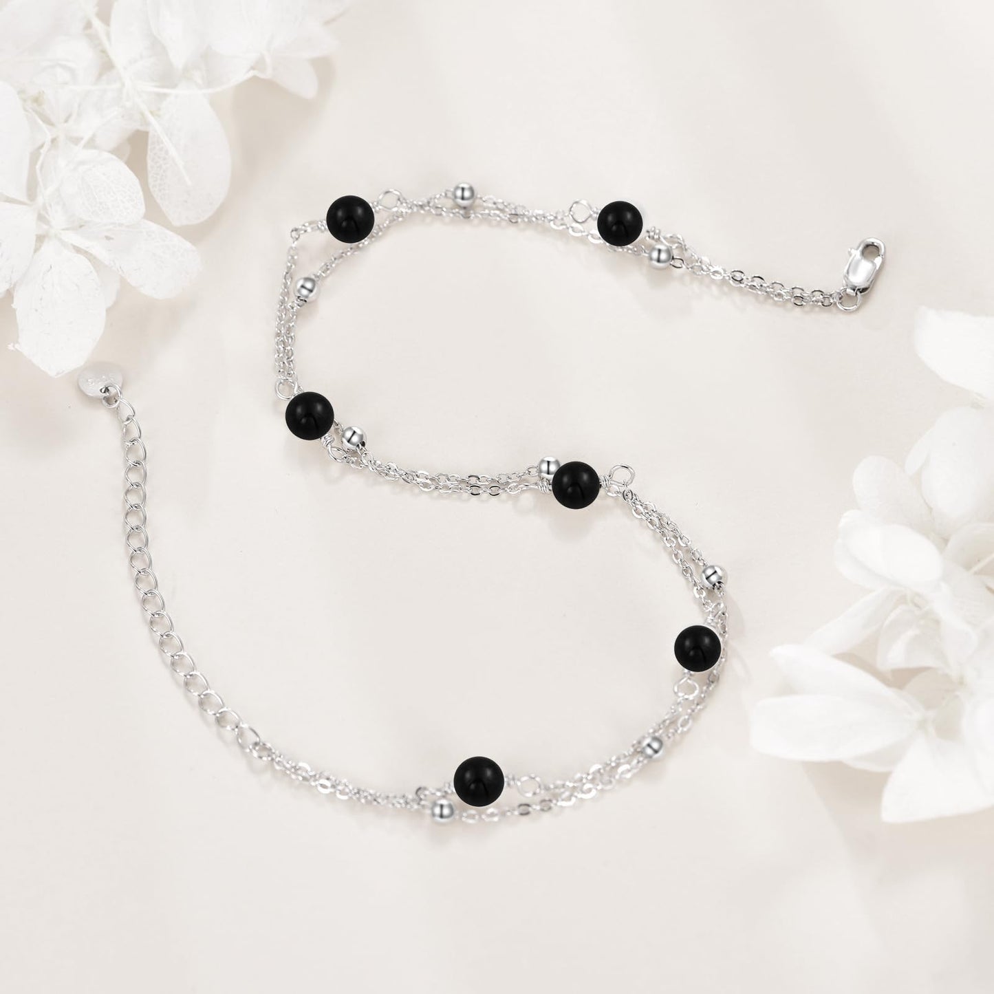 CRMAD Black Onyx Bracelet for Women Sterling Silver Beach Jewelry Gift for Women (black onyx, bracelet 7+2'')