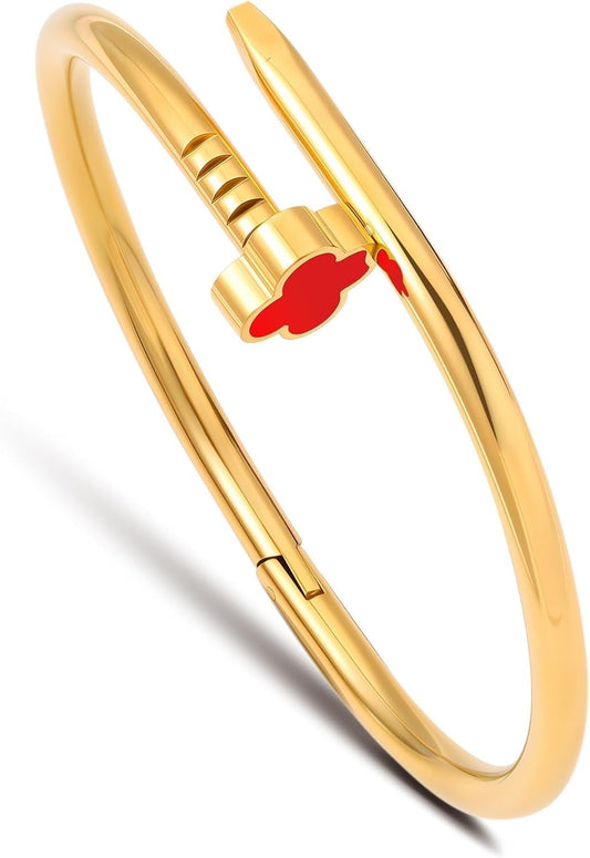 18K Gold Plated Love Nail Bangle Bracelet for Women,Stainless Steel Non-Tarnish Stackable Nail Bangle Couple Bracelet Love Trendy Jewelry Dainty Gold Bracelet Gift for Women